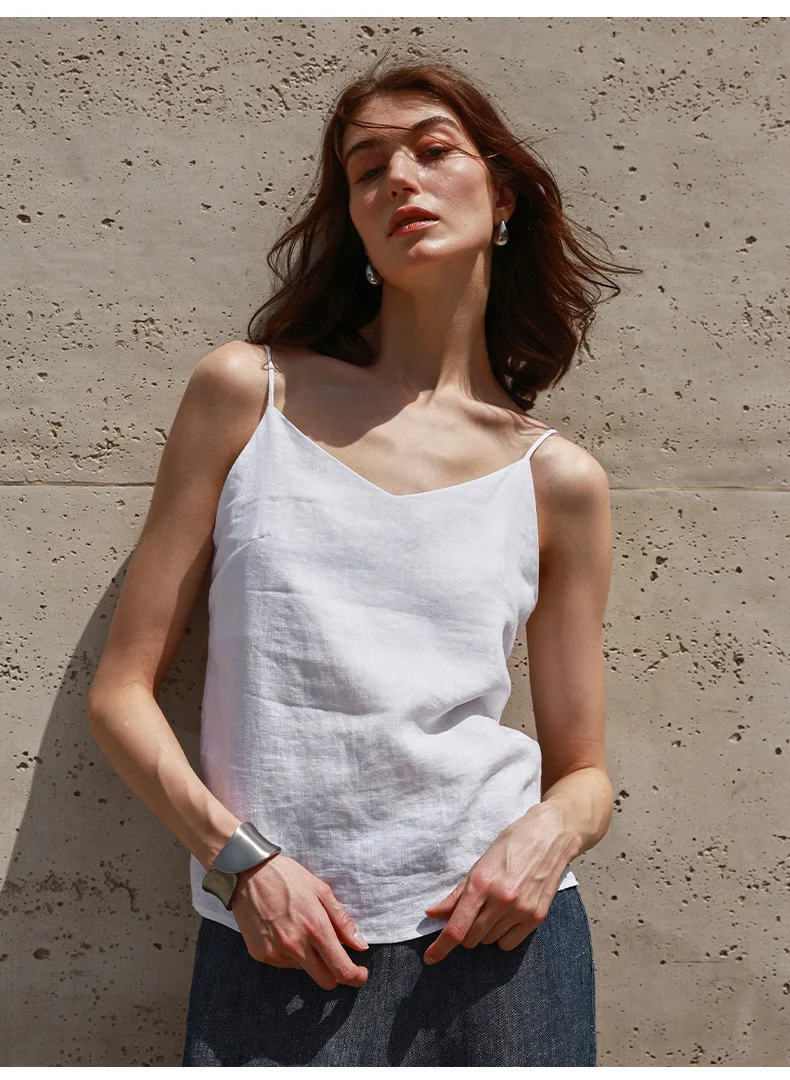 Tops de lino 100% de verano para mujer, Tops con tirantes ajustables y cuello en V sin mangas, Top corto blanco nuevo informal, ropa de calle básica a la moda, camisola