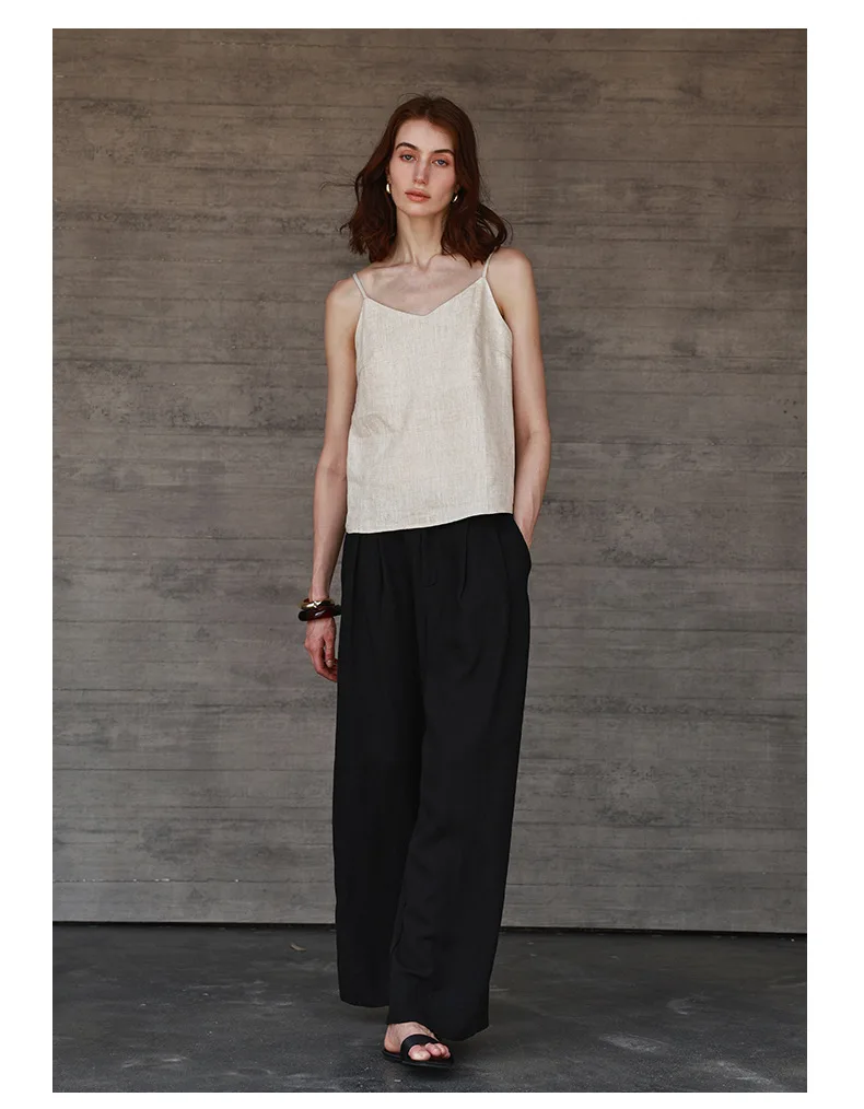 Tops de lino 100% de verano para mujer, Tops con tirantes ajustables y cuello en V sin mangas, Top corto blanco nuevo informal, ropa de calle básica a la moda, camisola