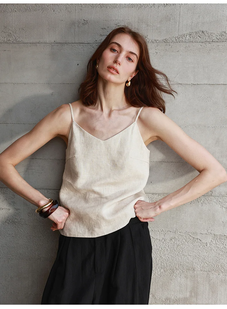 Tops de lino 100% de verano para mujer, Tops con tirantes ajustables y cuello en V sin mangas, Top corto blanco nuevo informal, ropa de calle básica a la moda, camisola