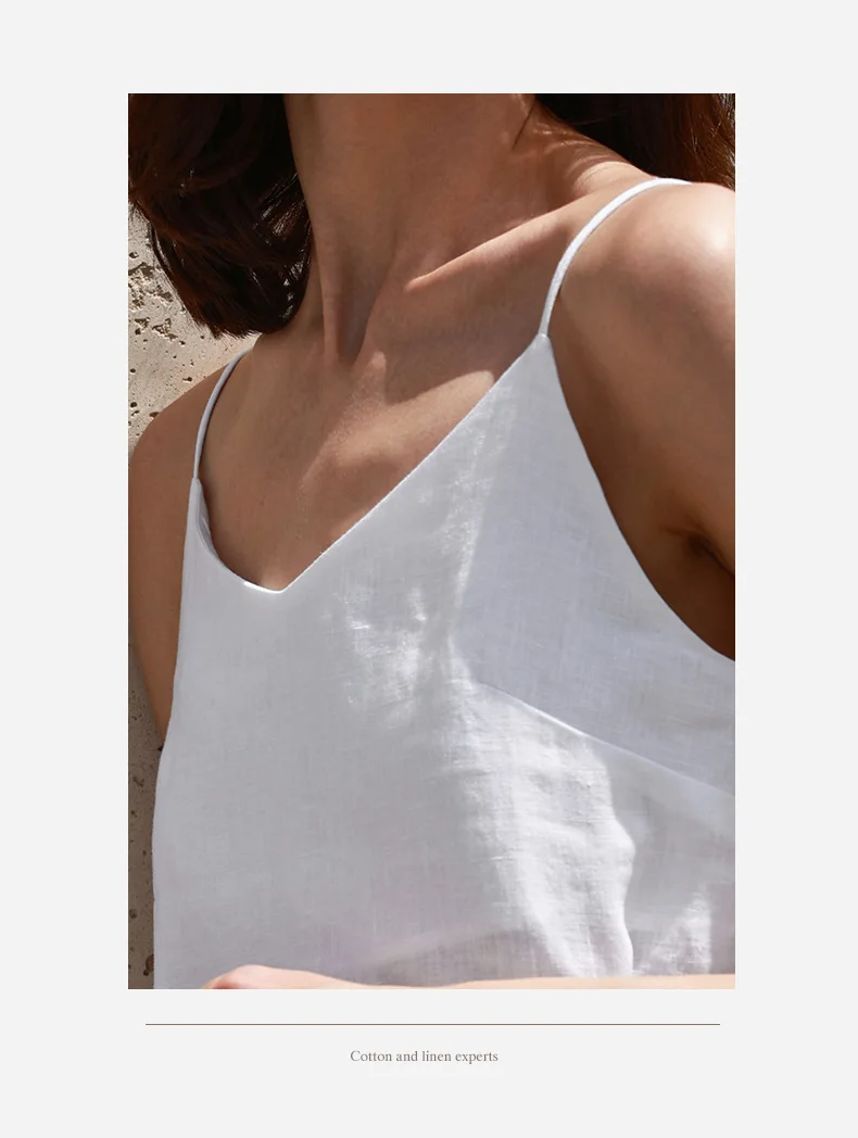 Tops de lino 100% de verano para mujer, Tops con tirantes ajustables y cuello en V sin mangas, Top corto blanco nuevo informal, ropa de calle básica a la moda, camisola