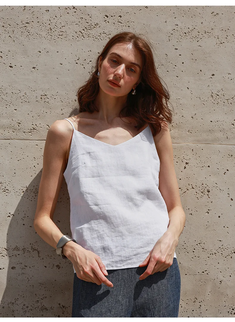 Tops de lino 100% de verano para mujer, Tops con tirantes ajustables y cuello en V sin mangas, Top corto blanco nuevo informal, ropa de calle básica a la moda, camisola