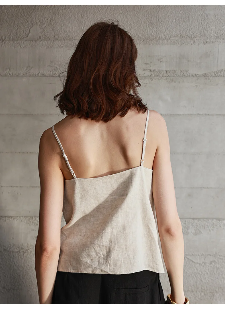 Tops de lino 100% de verano para mujer, Tops con tirantes ajustables y cuello en V sin mangas, Top corto blanco nuevo informal, ropa de calle básica a la moda, camisola