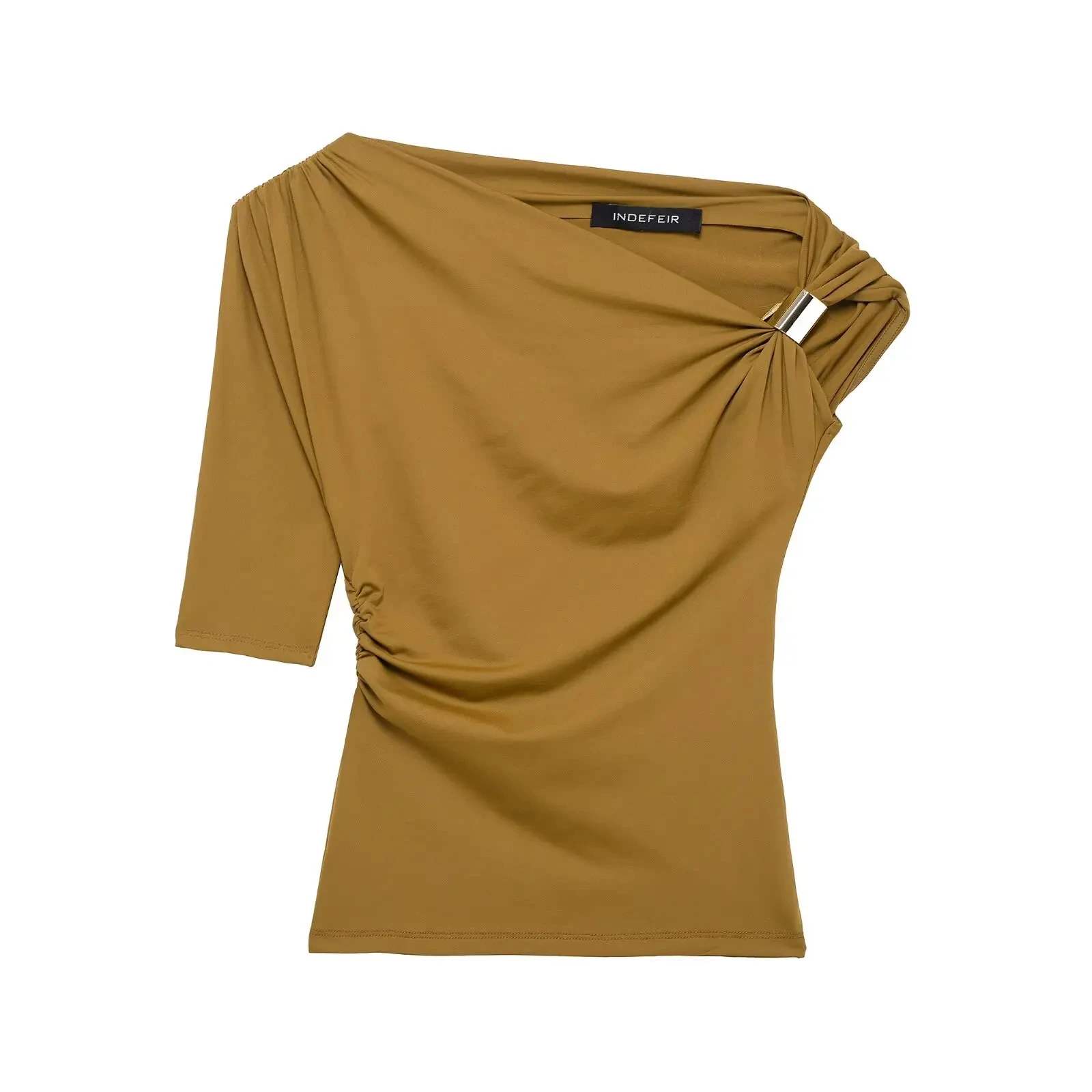 HH 2025-Chaleco arrugado asimétrico para mujer, camiseta Sexy con cuello ajustado y un hombro, ropa de calle
