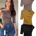 HH 2025-Chaleco arrugado asimétrico para mujer, camiseta Sexy con cuello ajustado y un hombro, ropa de calle