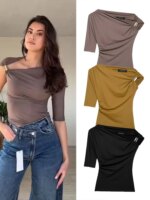 HH 2025-Chaleco arrugado asimétrico para mujer, camiseta Sexy con cuello ajustado y un hombro, ropa de calle
