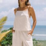Camisetas sin mangas azules de lino 100% para mujer, chaleco Sexy con cordones y espalda descubierta sin mangas para verano, moda elegante para vacaciones, playa, calle alta, oficina - Imagen 4