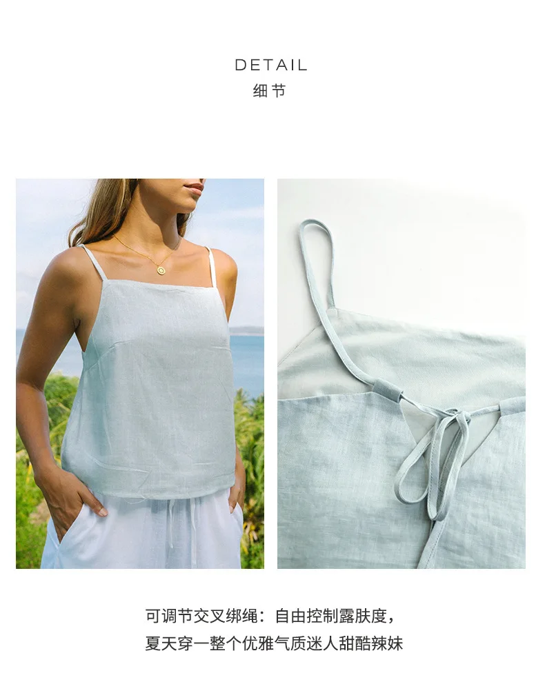 Camisetas sin mangas azules de lino 100% para mujer, chaleco Sexy con cordones y espalda descubierta sin mangas para verano, moda elegante para vacaciones, playa, calle alta, oficina