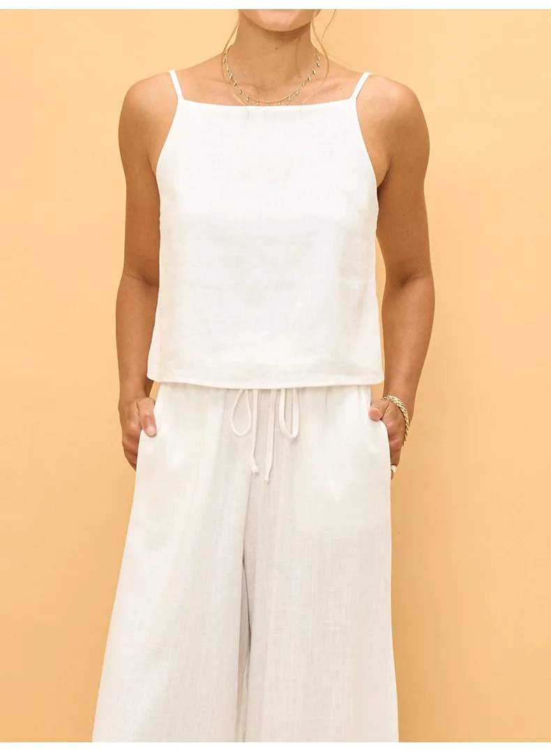 Camisetas sin mangas azules de lino 100% para mujer, chaleco Sexy con cordones y espalda descubierta sin mangas para verano, moda elegante para vacaciones, playa, calle alta, oficina