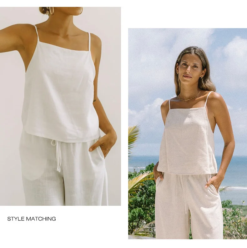 Camisetas sin mangas azules de lino 100% para mujer, chaleco Sexy con cordones y espalda descubierta sin mangas para verano, moda elegante para vacaciones, playa, calle alta, oficina
