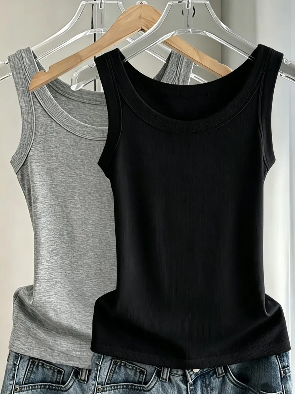 Camiseta sin mangas de algodón acanalado para mujer, cuello redondo, ajustada, suave, transpirable, informal, básica, para uso diario