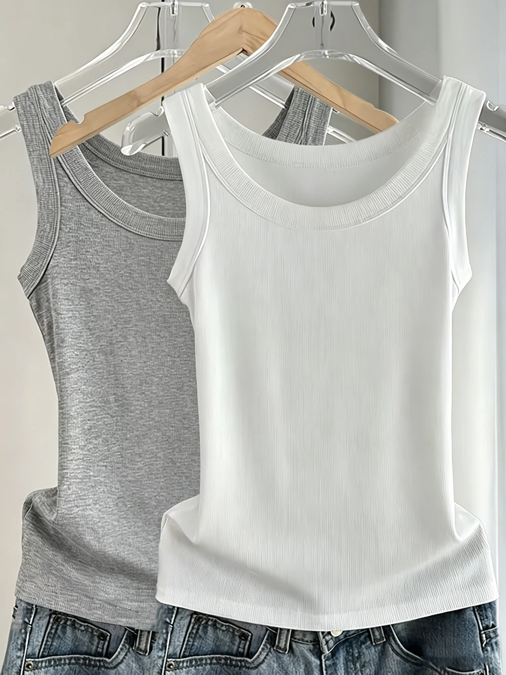 Camiseta sin mangas de algodón acanalado para mujer, cuello redondo, ajustada, suave, transpirable, informal, básica, para uso diario