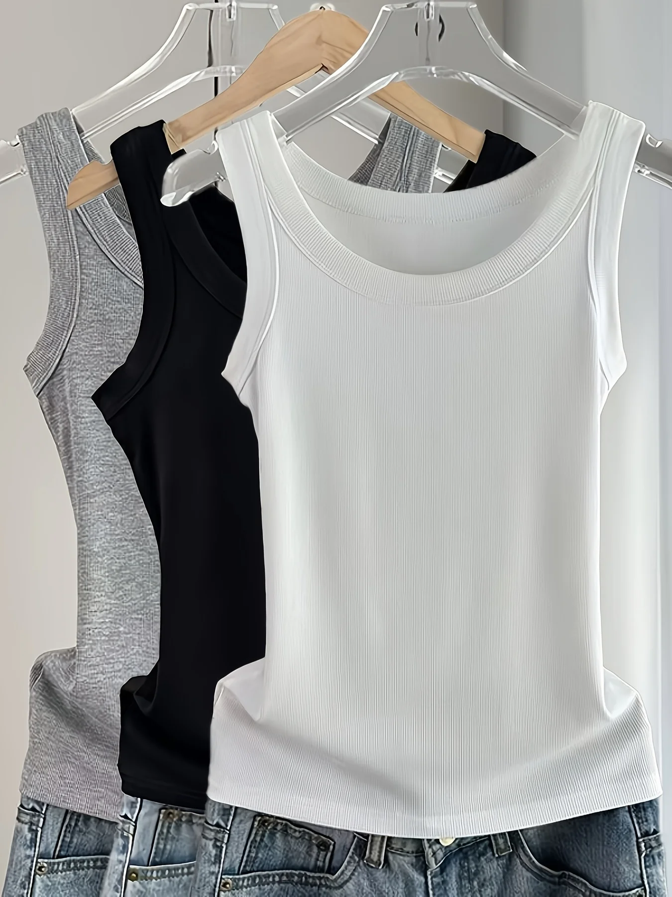 Camiseta sin mangas de algodón acanalado para mujer, cuello redondo, ajustada, suave, transpirable, informal, básica, para uso diario