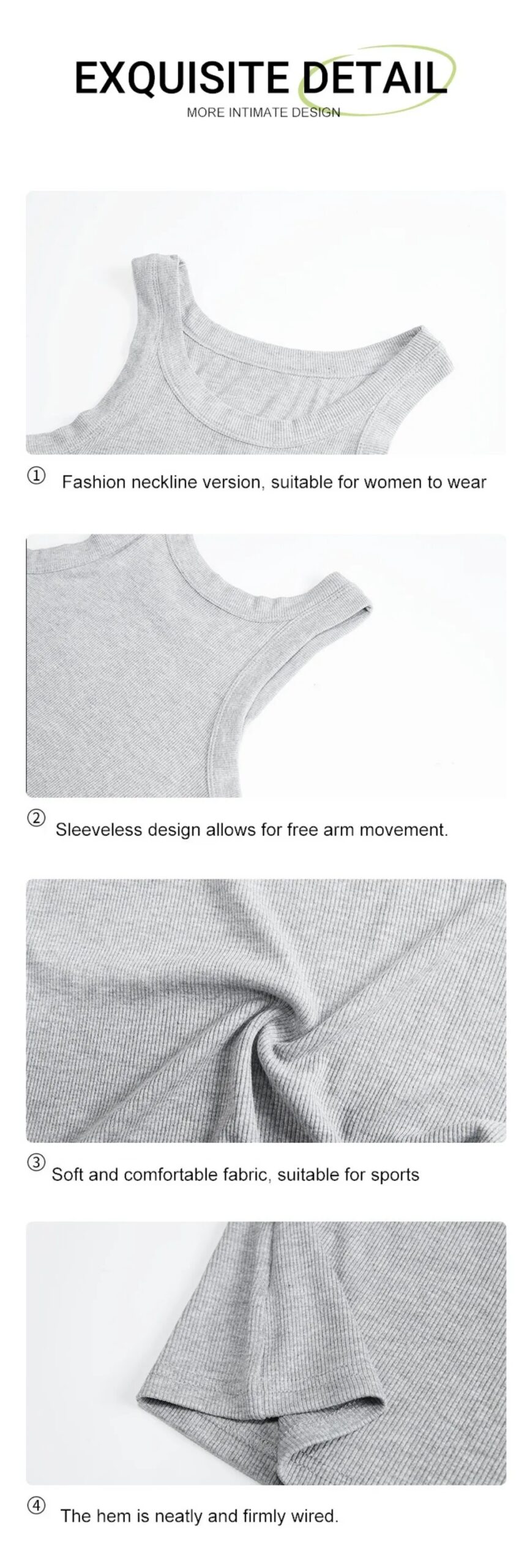 Camiseta sin mangas de algodón acanalado para mujer, cuello redondo, ajustada, suave, transpirable, informal, básica, para uso diario