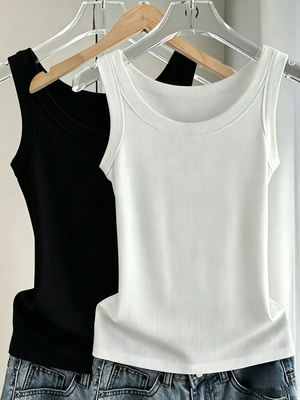 Camiseta sin mangas de algodón acanalado para mujer, cuello redondo, ajustada, suave, transpirable, informal, básica, para uso diario