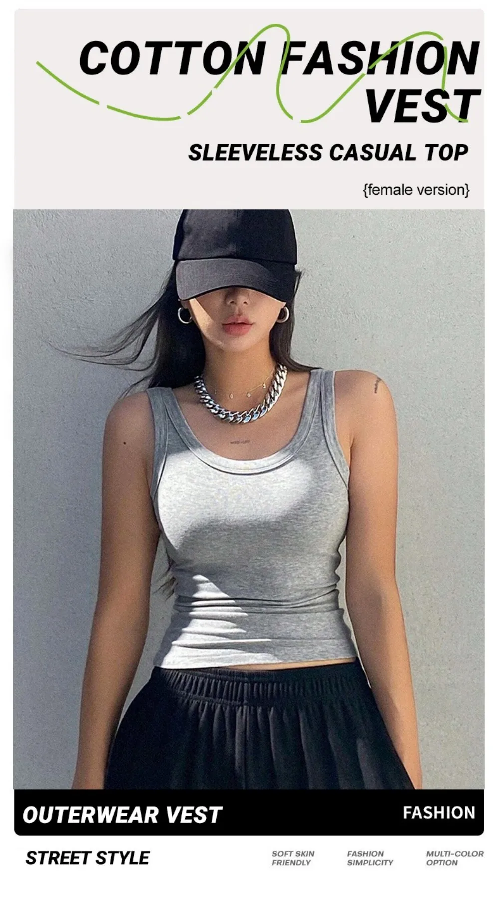 Camiseta sin mangas de algodón acanalado para mujer, cuello redondo, ajustada, suave, transpirable, informal, básica, para uso diario