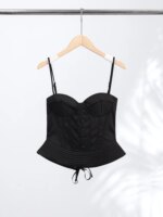 Camisola sin mangas con tirantes y espalda descubierta para mujer, estilo bandage, con diseño de espina de pescado, ajustada, de un solo pecho, color negro, elegante, para verano 2026 - Imagen 6