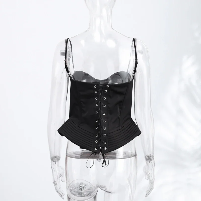 Camisola sin mangas con tirantes y espalda descubierta para mujer, estilo bandage, con diseño de espina de pescado, ajustada, de un solo pecho, color negro, elegante, para verano 2026 Camisola sin mangas con tirantes y espalda descubierta para mujer, estilo bandage, con diseño de espina de pescado, ajustada, de un solo pecho, color negro, elegante, para verano 2026