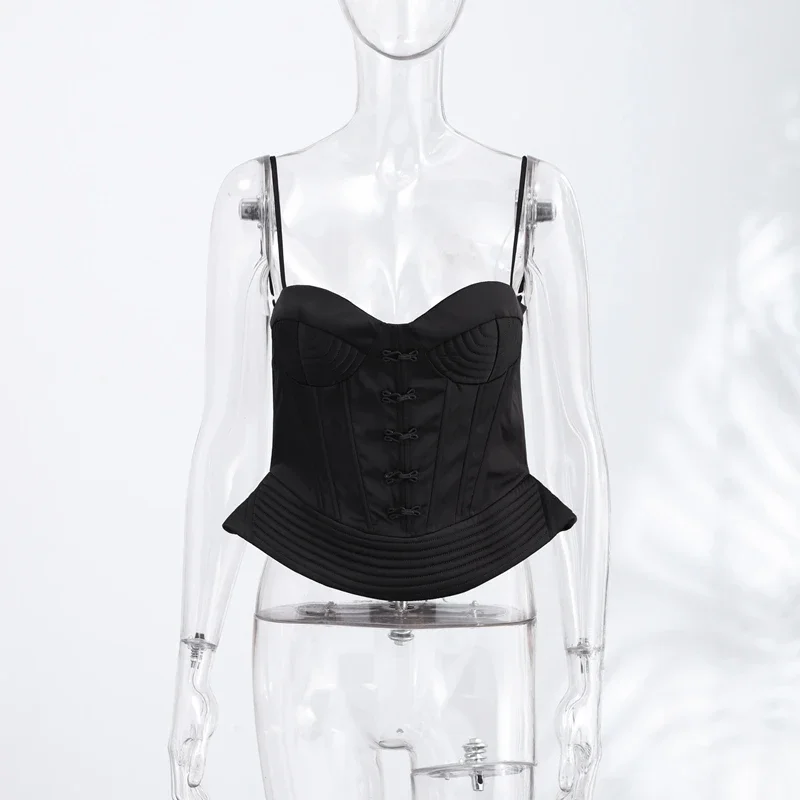 Camisola sin mangas con tirantes y espalda descubierta para mujer, estilo bandage, con diseño de espina de pescado, ajustada, de un solo pecho, color negro, elegante, para verano 2026 Camisola sin mangas con tirantes y espalda descubierta para mujer, estilo bandage, con diseño de espina de pescado, ajustada, de un solo pecho, color negro, elegante, para verano 2026