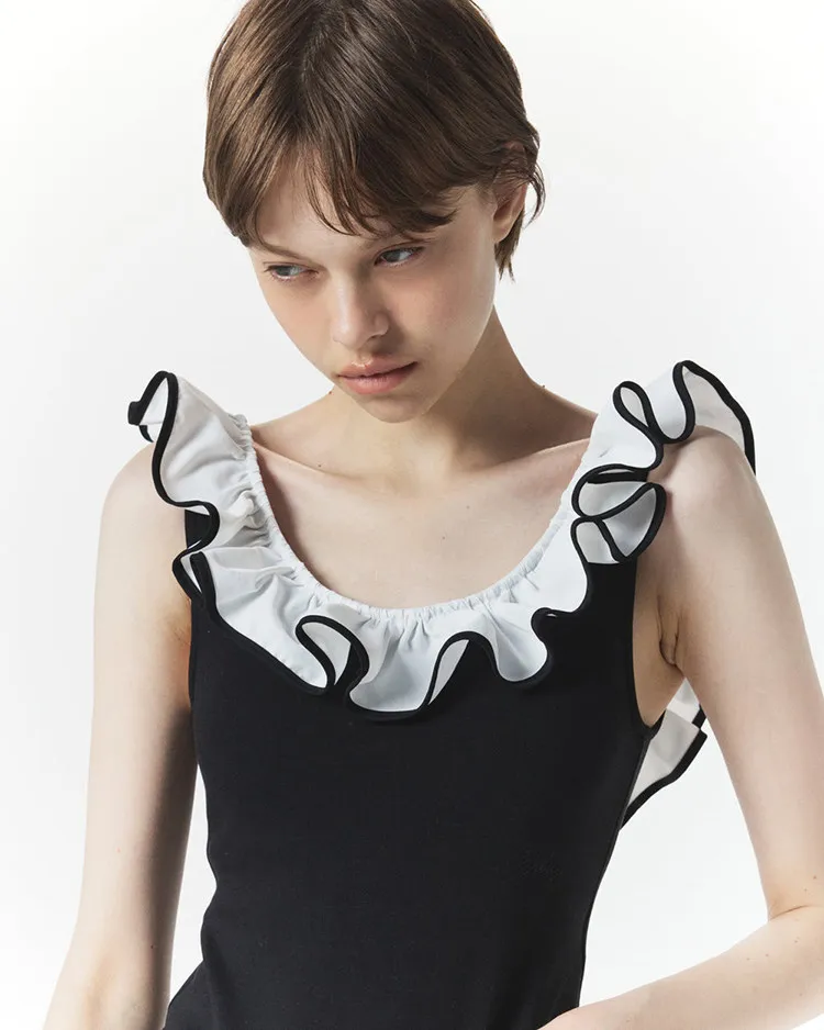 Camiseta sin mangas con cuello en U y volantes tridimensionales estilo japonés para mujer, ajustada, dulce y linda, para verano 2026