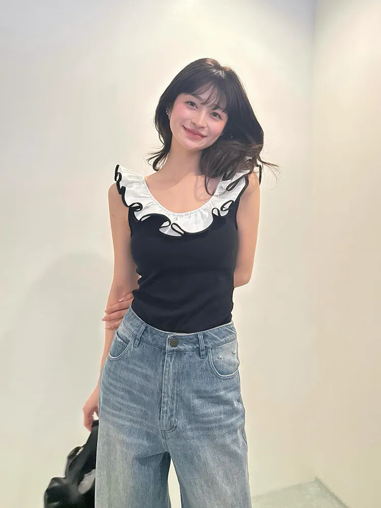 Camiseta sin mangas con cuello en U y volantes tridimensionales estilo japonés para mujer, ajustada, dulce y linda, para verano 2026
