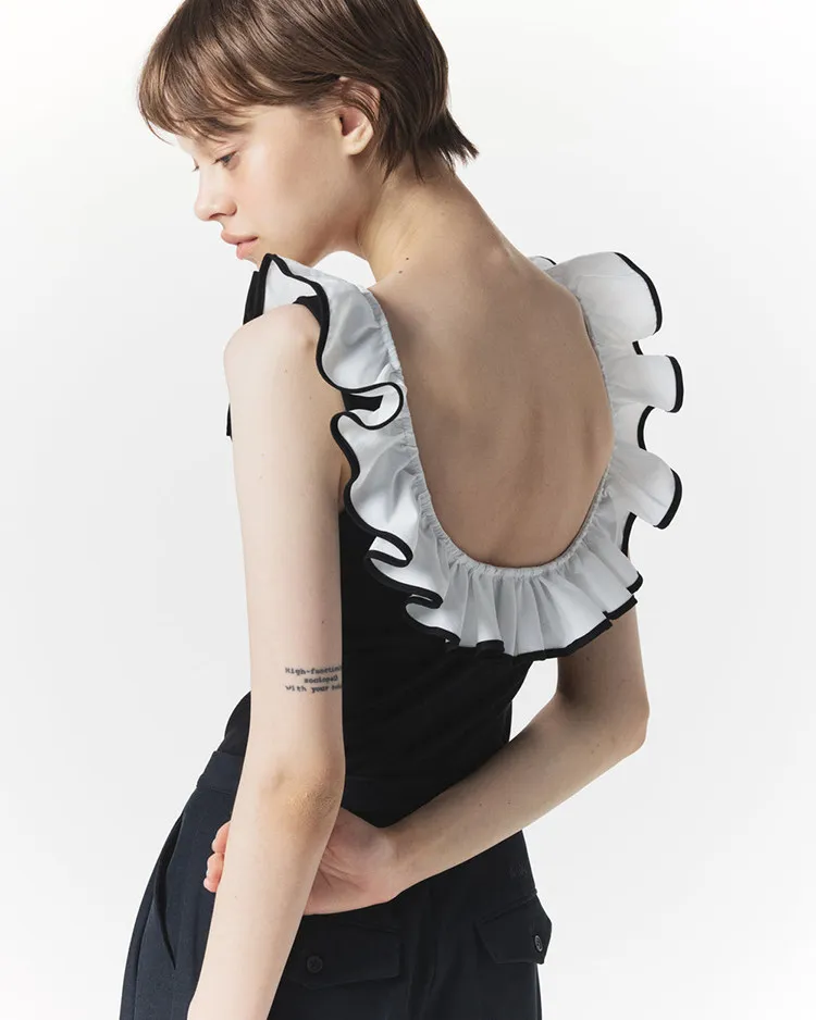 Camiseta sin mangas con cuello en U y volantes tridimensionales estilo japonés para mujer, ajustada, dulce y linda, para verano 2026