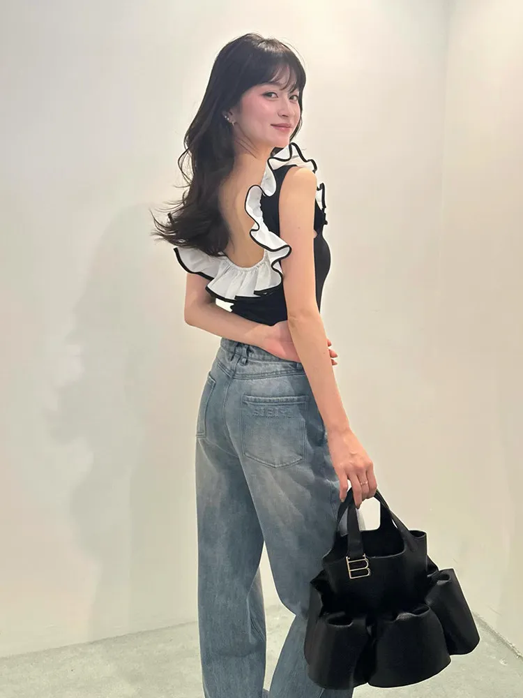 Camiseta sin mangas con cuello en U y volantes tridimensionales estilo japonés para mujer, ajustada, dulce y linda, para verano 2026