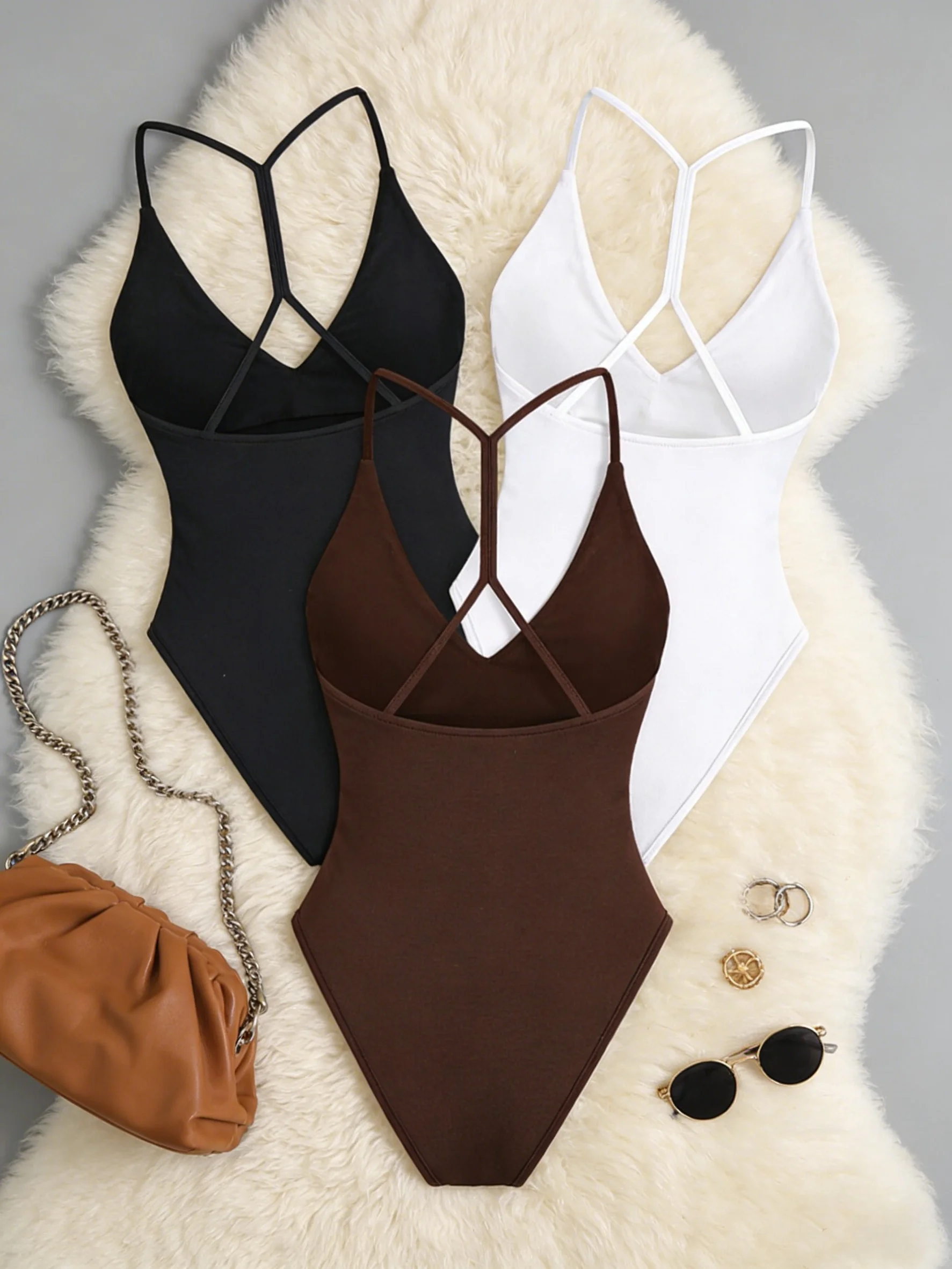 Conjunto de 3 Bodys de Mujer con Cuello en V, Espalda Cruzada, Sin Mangas, Ajustados, de Una Pieza