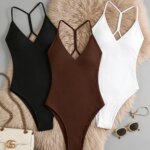 Conjunto de 3 Bodys de Mujer con Cuello en V, Espalda Cruzada, Sin Mangas, Ajustados, de Una Pieza