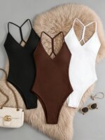 Conjunto de 3 Bodys de Mujer con Cuello en V, Espalda Cruzada, Sin Mangas, Ajustados, de Una Pieza