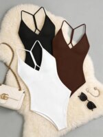 Conjunto de 3 Bodys de Mujer con Cuello en V, Espalda Cruzada, Sin Mangas, Ajustados, de Una Pieza - Imagen 4