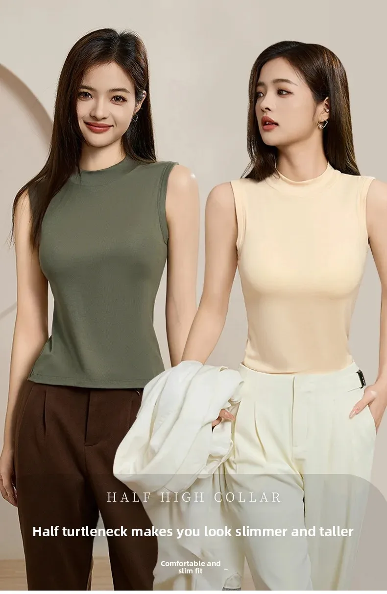 Chaleco sin mangas de cuello medio alto de una pieza para mujer, camisola con almohadilla para el pecho integrada, ropa interior, camiseta sin mangas para prendas de vestir exteriores
