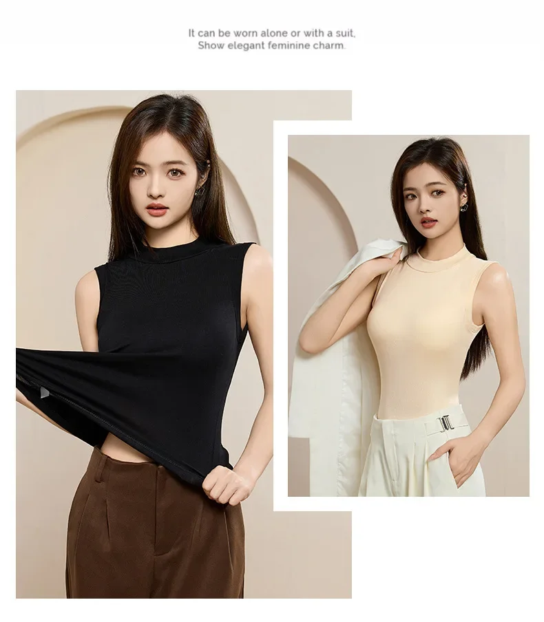 Chaleco sin mangas de cuello medio alto de una pieza para mujer, camisola con almohadilla para el pecho integrada, ropa interior, camiseta sin mangas para prendas de vestir exteriores