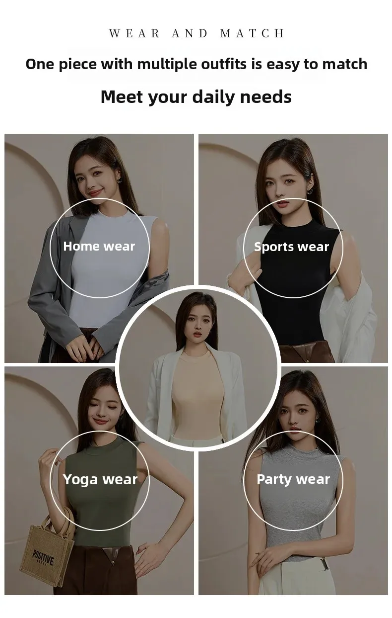 Chaleco sin mangas de cuello medio alto de una pieza para mujer, camisola con almohadilla para el pecho integrada, ropa interior, camiseta sin mangas para prendas de vestir exteriores