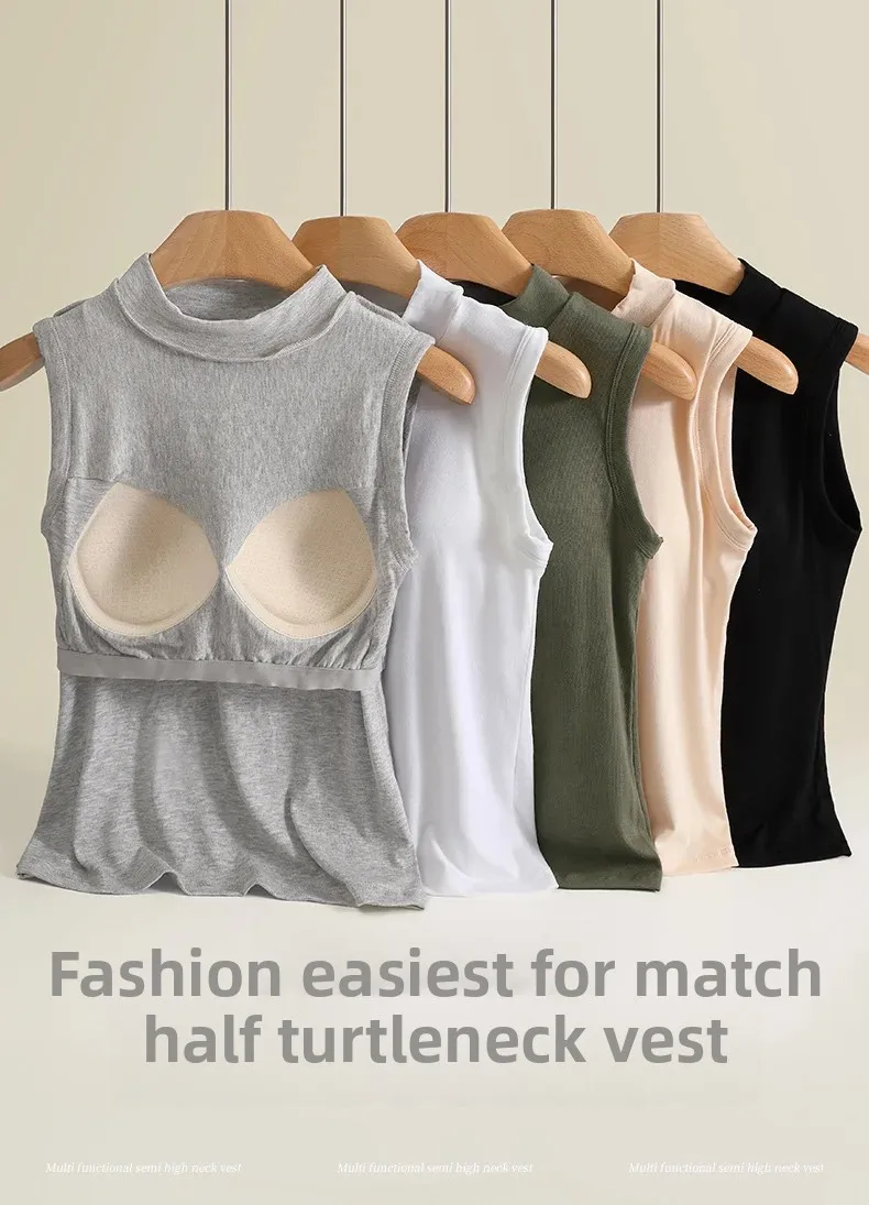Chaleco sin mangas de cuello medio alto de una pieza para mujer, camisola con almohadilla para el pecho integrada, ropa interior, camiseta sin mangas para prendas de vestir exteriores