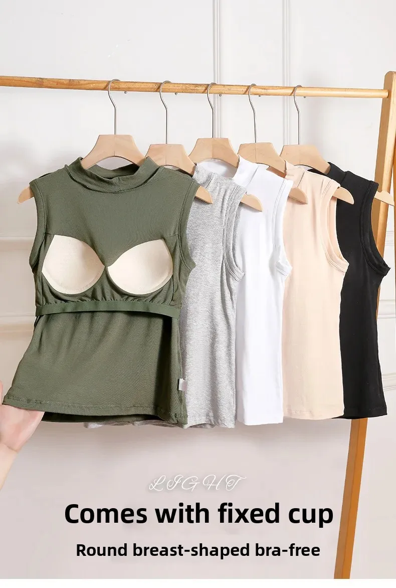 Chaleco sin mangas de cuello medio alto de una pieza para mujer, camisola con almohadilla para el pecho integrada, ropa interior, camiseta sin mangas para prendas de vestir exteriores