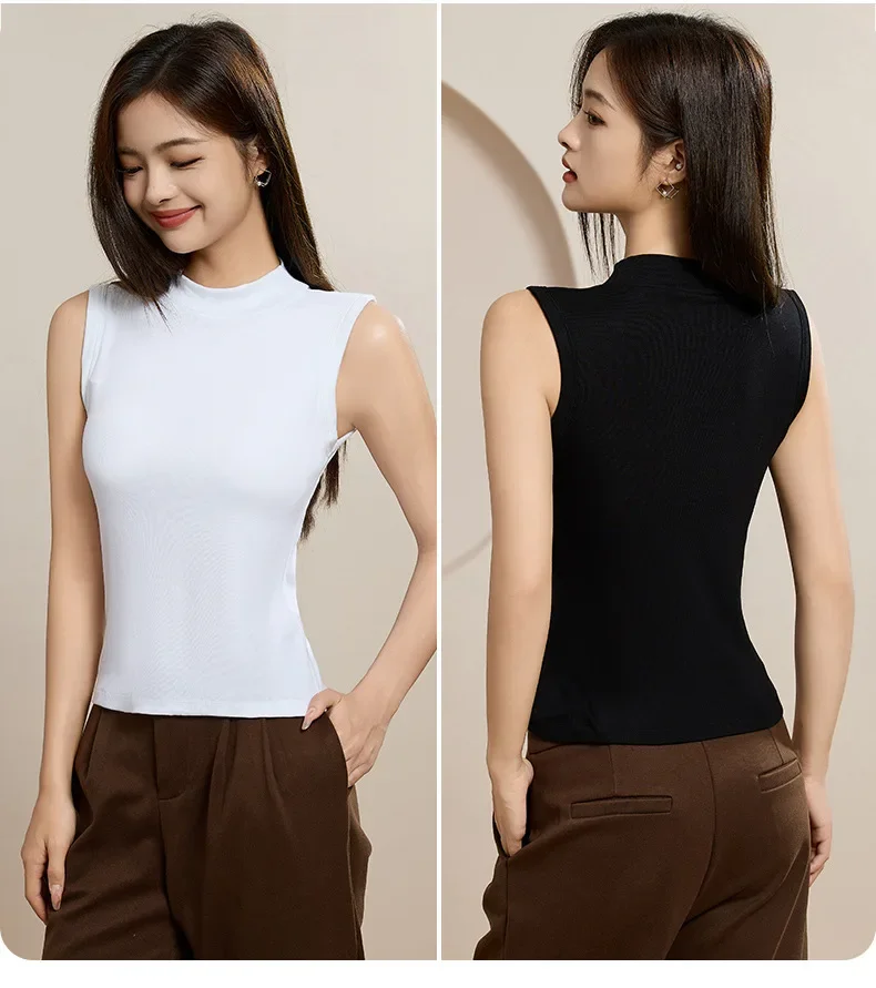 Chaleco sin mangas de cuello medio alto de una pieza para mujer, camisola con almohadilla para el pecho integrada, ropa interior, camiseta sin mangas para prendas de vestir exteriores