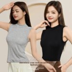Chaleco sin mangas de cuello medio alto de una pieza para mujer, camisola con almohadilla para el pecho integrada, ropa interior, camiseta sin mangas para prendas de vestir exteriores - Imagen 4