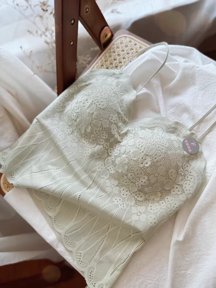 Top de encaje sexy con tirantes, bralette sin espalda, sujetador inalámbrico para mujer con almohadillas fijas, estilo sujeta...
