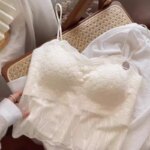 Top de encaje sexy con tirantes, bralette sin espalda, sujetador inalámbrico para mujer con almohadillas fijas, estilo sujeta...