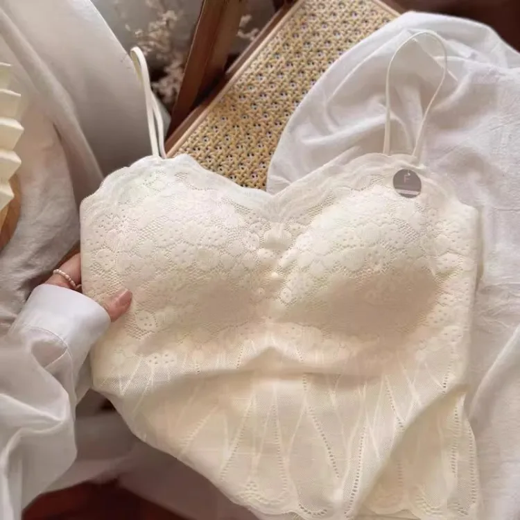 Top de encaje sexy con tirantes, bralette sin espalda, sujetador inalámbrico para mujer con almohadillas fijas, estilo sujeta...