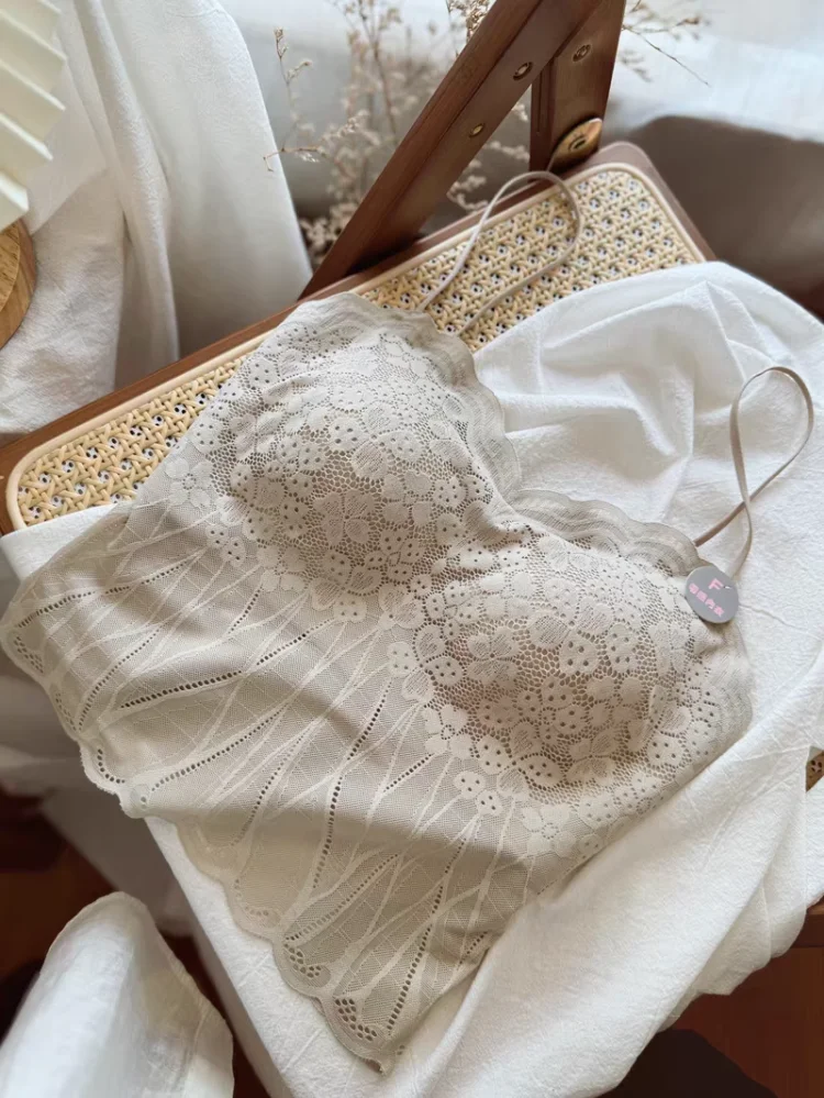 Top de encaje sexy con tirantes, bralette sin espalda, sujetador inalámbrico para mujer con almohadillas fijas, estilo sujeta...