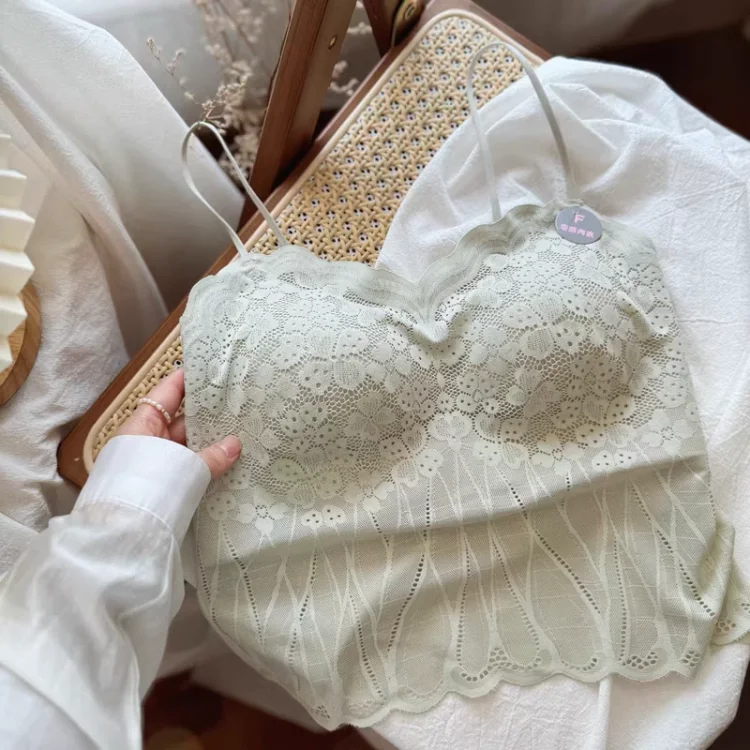 Top de encaje sexy con tirantes, bralette sin espalda, sujetador inalámbrico para mujer con almohadillas fijas, estilo sujeta...