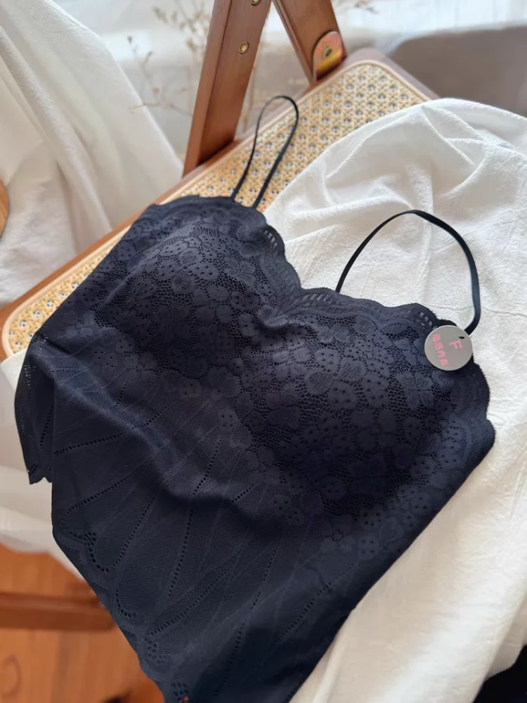 Top de encaje sexy con tirantes, bralette sin espalda, sujetador inalámbrico para mujer con almohadillas fijas, estilo sujeta...