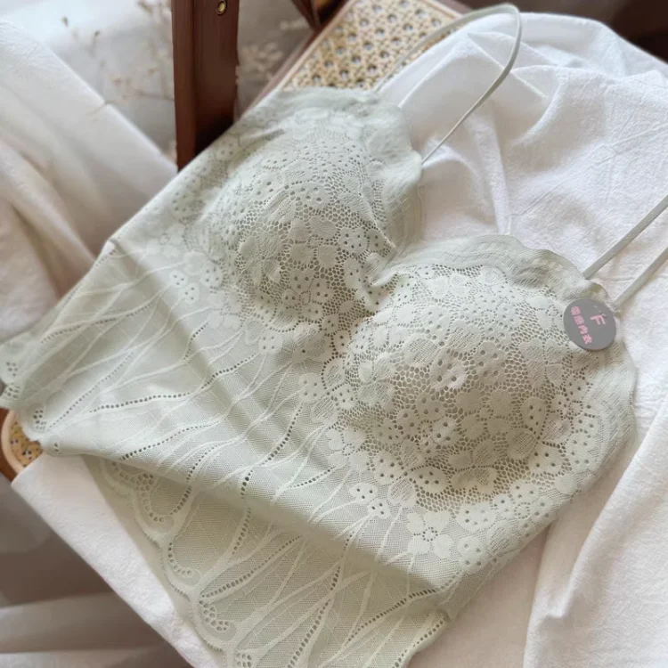 Top de encaje sexy con tirantes, bralette sin espalda, sujetador inalámbrico para mujer con almohadillas fijas, estilo sujeta...