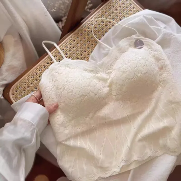 Top de encaje sexy con tirantes, bralette sin espalda, sujetador inalámbrico para mujer con almohadillas fijas, estilo sujeta...