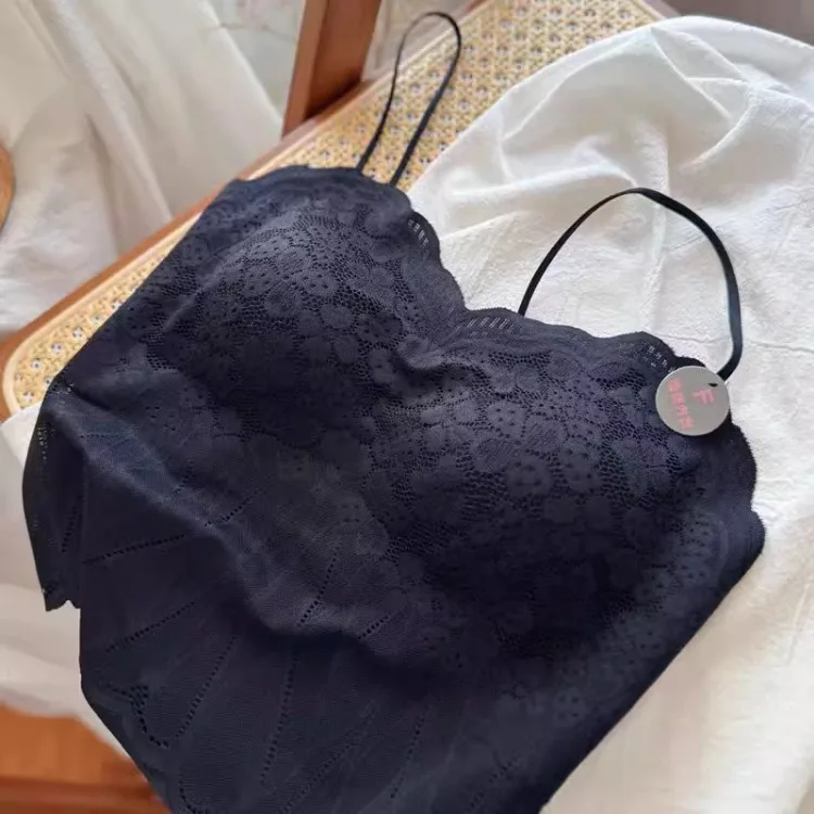 Top de encaje sexy con tirantes, bralette sin espalda, sujetador inalámbrico para mujer con almohadillas fijas, estilo sujeta...