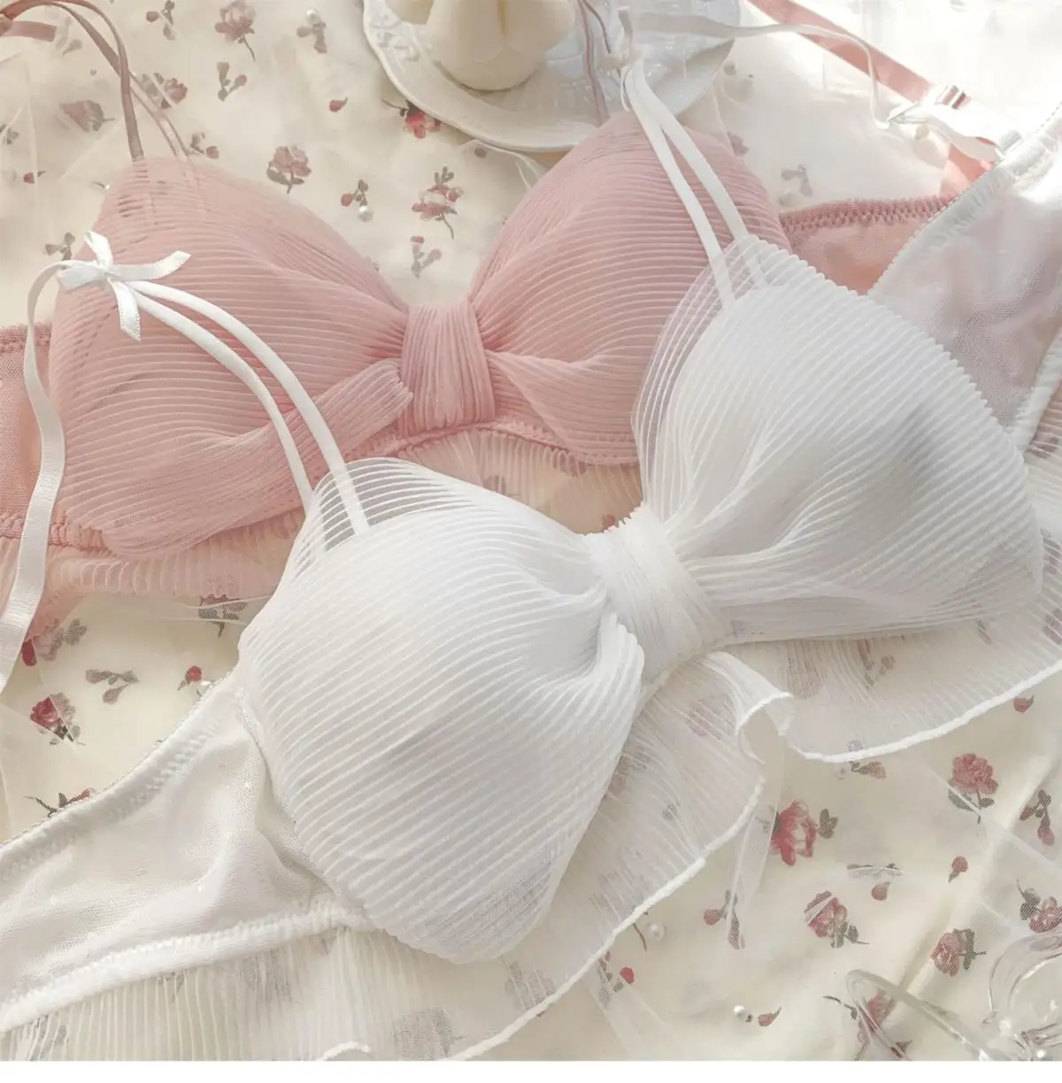 Conjunto de Lencería Sexy Pure Desire para Mujer, Cómodo, Delgado, Sin Aro, con Lazo de Mariposa, Sujetador con Efecto Push-U...
