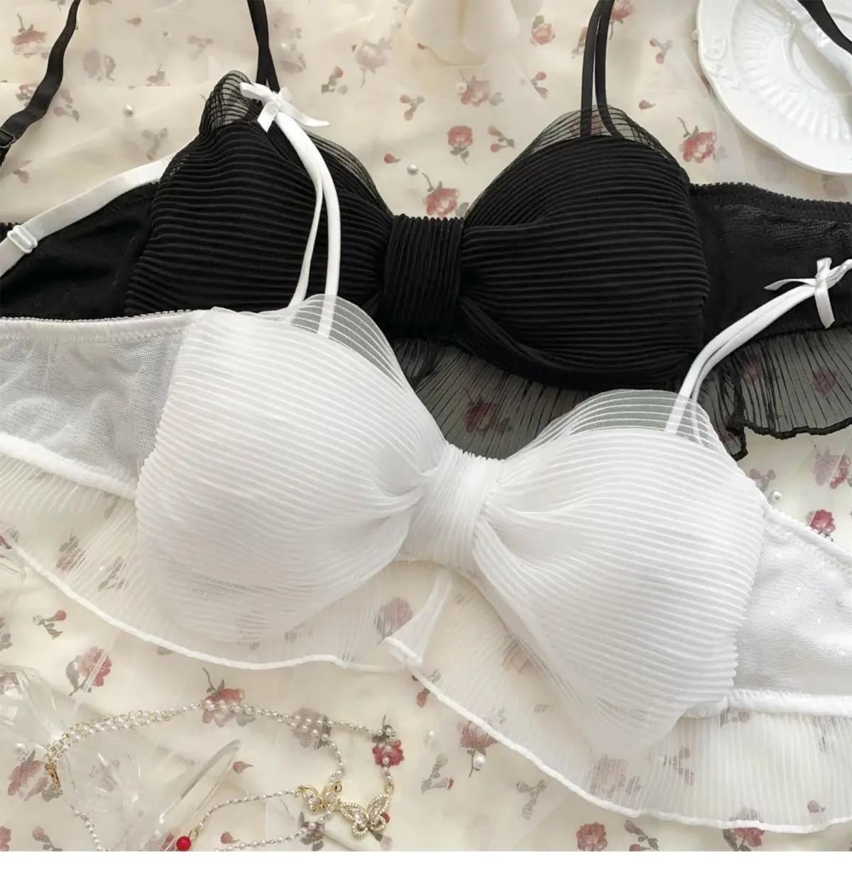 Conjunto de Lencería Sexy Pure Desire para Mujer, Cómodo, Delgado, Sin Aro, con Lazo de Mariposa, Sujetador con Efecto Push-U...