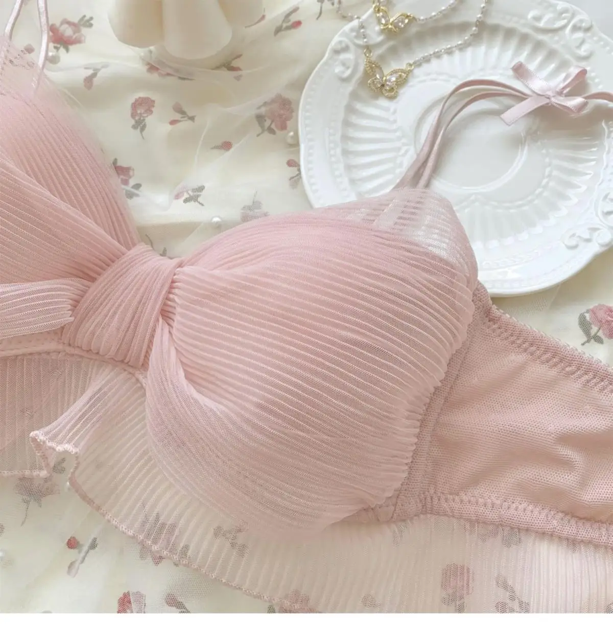 Conjunto de Lencería Sexy Pure Desire para Mujer, Cómodo, Delgado, Sin Aro, con Lazo de Mariposa, Sujetador con Efecto Push-U...