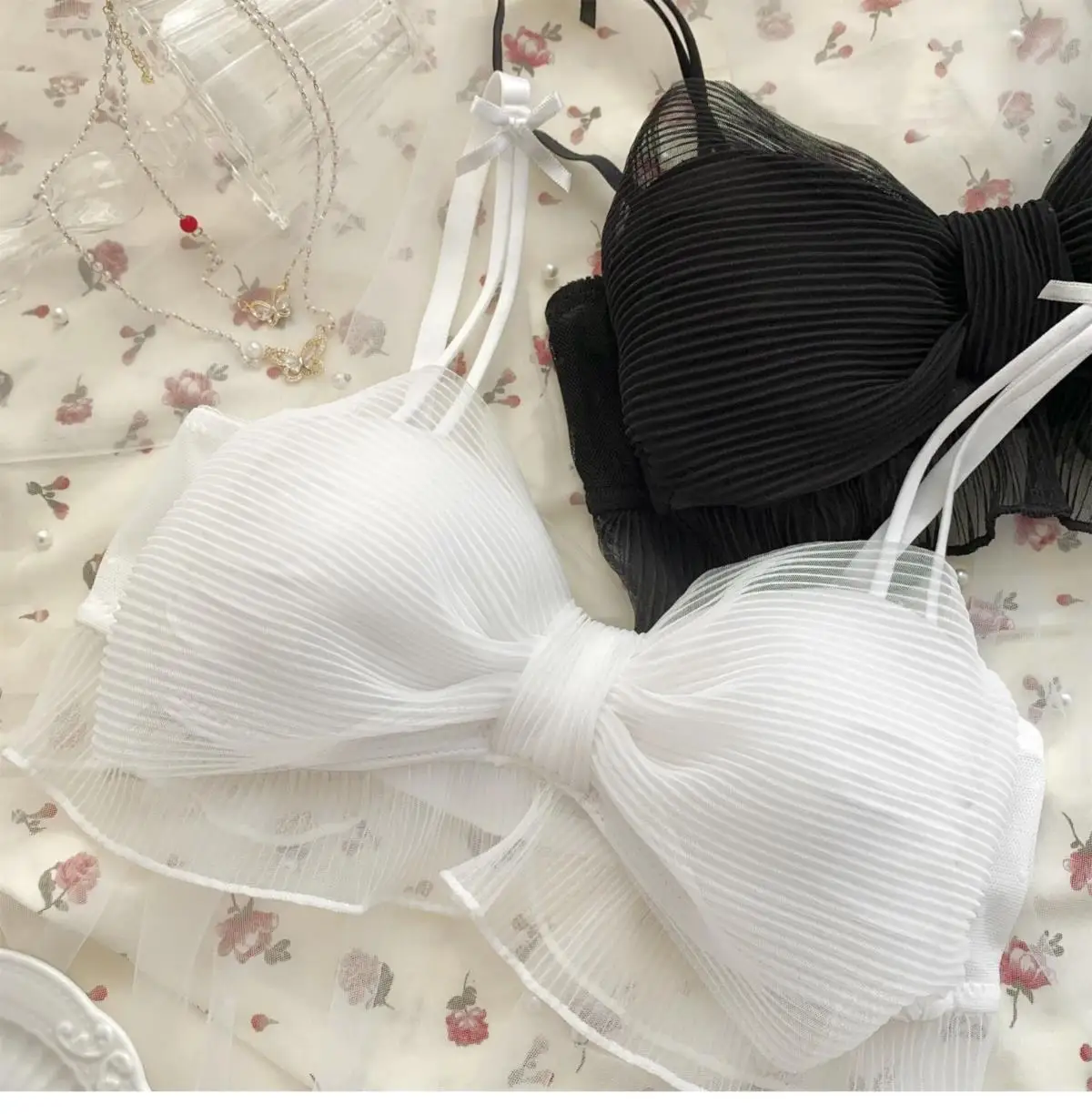Conjunto de Lencería Sexy Pure Desire para Mujer, Cómodo, Delgado, Sin Aro, con Lazo de Mariposa, Sujetador con Efecto Push-U...